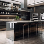 Modern kitchen design with stainless steel appliances and marble flooring generated by AI